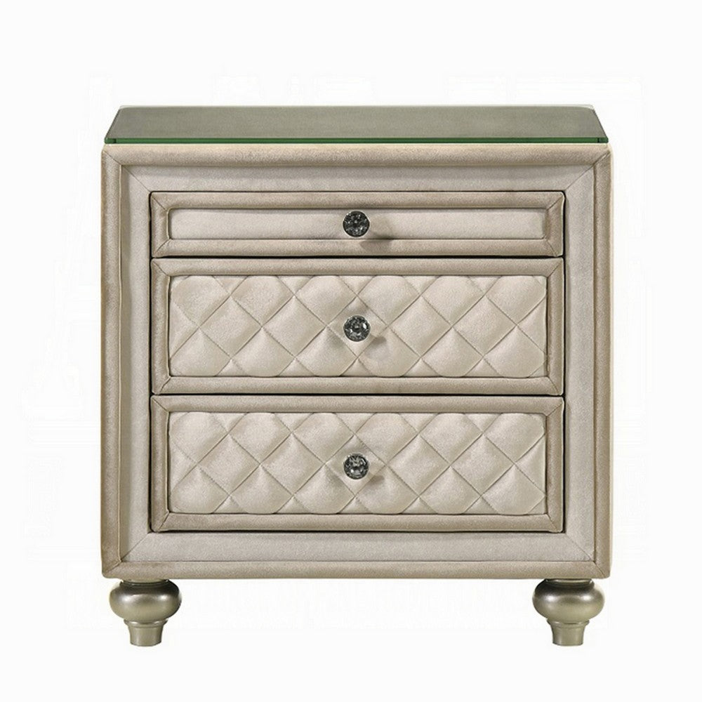 Willa Nightstand, 2 Drawers, Pull Out Tray, 27 Inch Wood, Beige Velvet