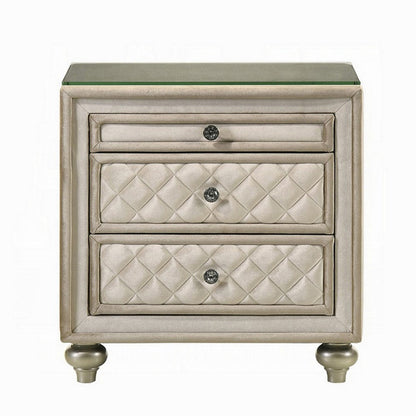 Willa Nightstand, 2 Drawers, Pull Out Tray, 27 Inch Wood, Beige Velvet