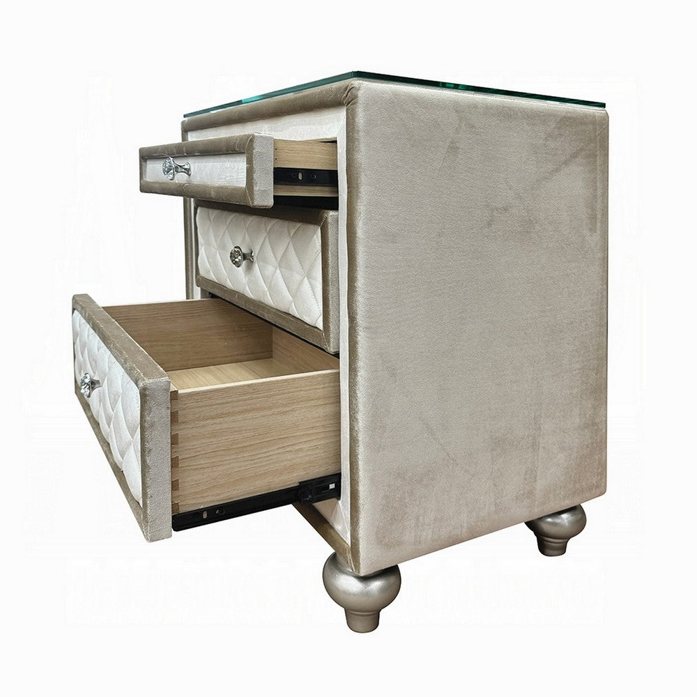 Willa Nightstand, 2 Drawers, Pull Out Tray, 27 Inch Wood, Beige Velvet