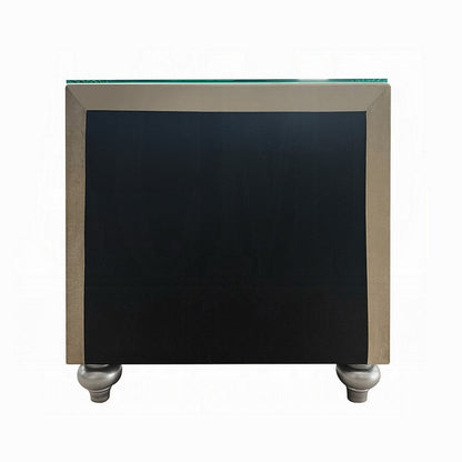 Willa Nightstand, 2 Drawers, Pull Out Tray, 27 Inch Wood, Beige Velvet