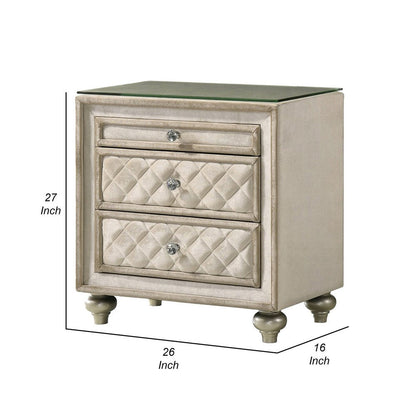 Willa Nightstand, 2 Drawers, Pull Out Tray, 27 Inch Wood, Beige Velvet