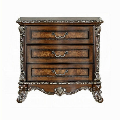 Vany Nightstand, Traditional Floral Trim, 3 Drawers, Cherry Brown