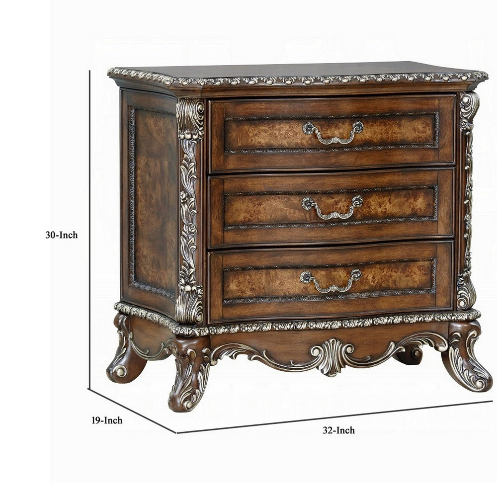Vany Nightstand, Traditional Floral Trim, 3 Drawers, Cherry Brown