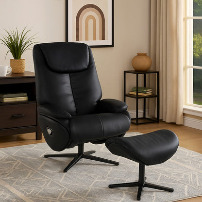 Nita Swivel Accent Chair with Ottoman, Plush Black Top Grain Leather