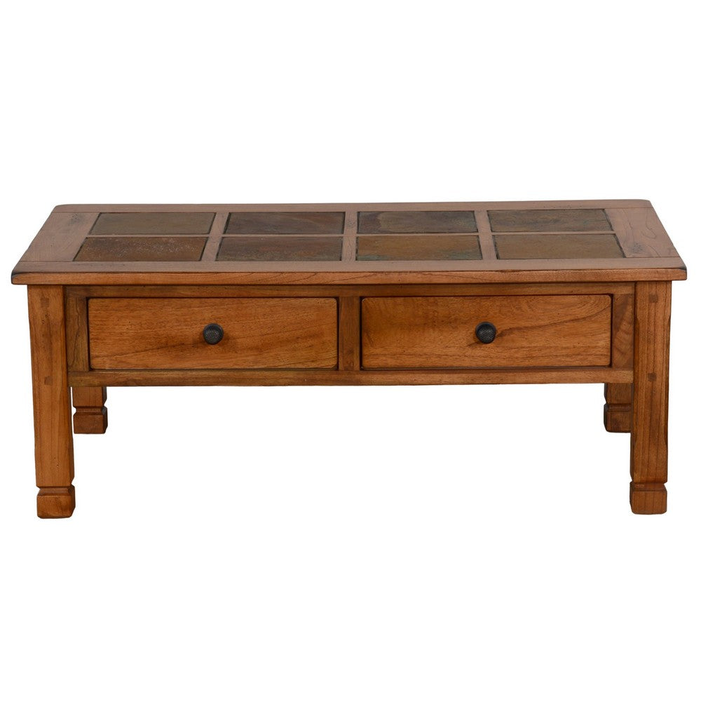 Marv Coffee Table, 2 Drawers, 49 Inch Rectangular w Brown Slate Inlay