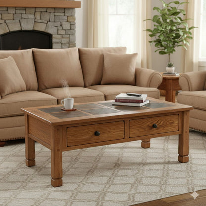 Marv Coffee Table, 2 Drawers, 49 Inch Rectangular w Brown Slate Inlay