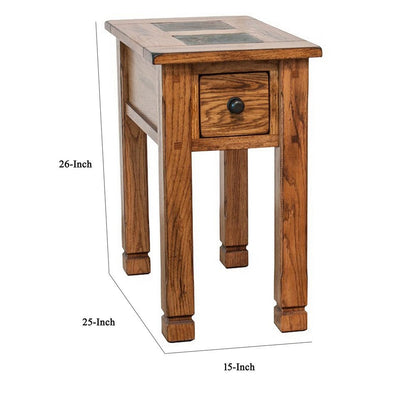 Marv Accent Chair Side Table, 25 Inch Rectangular Top, Drawer, Brown