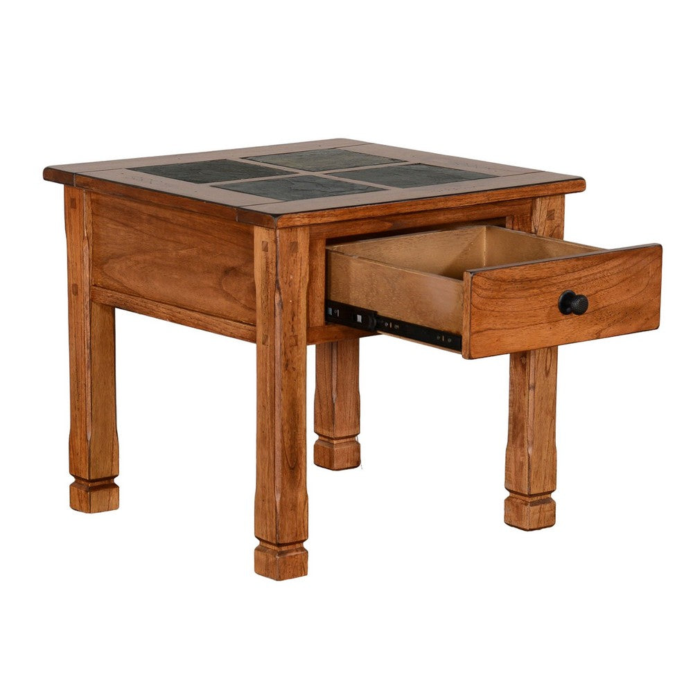 Marv Side End Table w Drawer, 26 Inch Square Slate Inlay Top, Brown