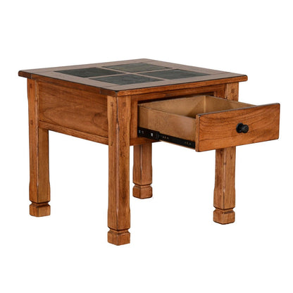 Marv Side End Table w Drawer, 26 Inch Square Slate Inlay Top, Brown