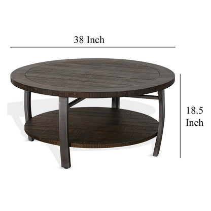 Flint Coffee Table w Shelf, Barrel Shape, 38 Inch Dark Brown Round Top