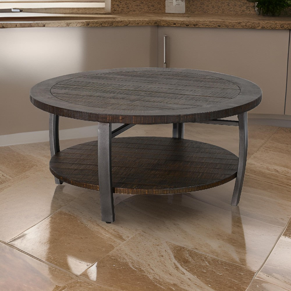 Flint Coffee Table w Shelf, Barrel Shape, 38 Inch Dark Brown Round Top