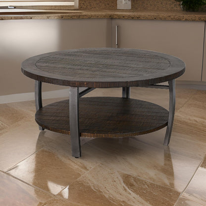 Flint Coffee Table w Shelf, Barrel Shape, 38 Inch Dark Brown Round Top