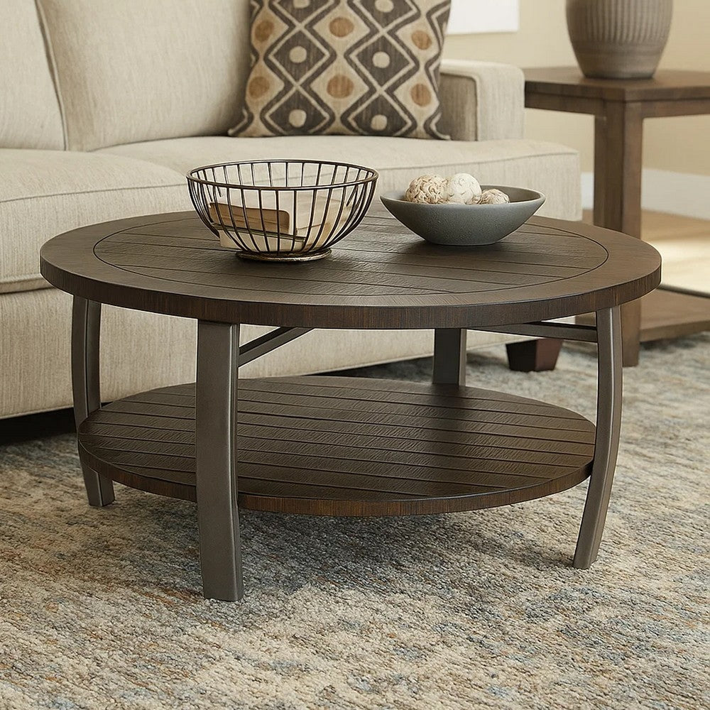 Flint Coffee Table w Shelf, Barrel Shape, 38 Inch Dark Brown Round Top