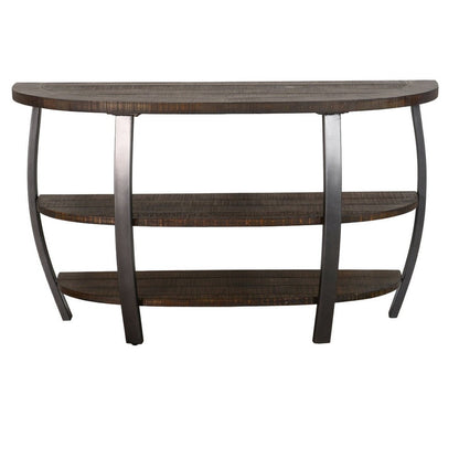 Flint Sofa Table w 2 Shelves, 52 Inch Semi Circle Top, Brown, Barrel