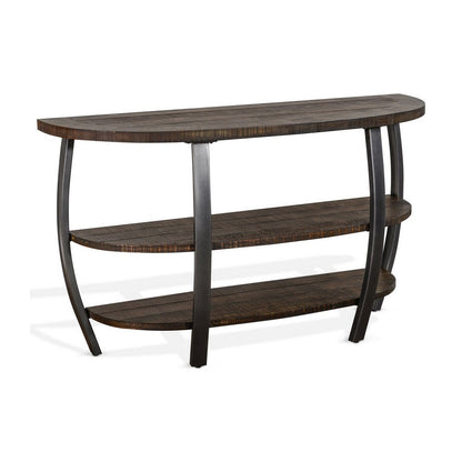 Flint Sofa Table w 2 Shelves, 52 Inch Semi Circle Top, Brown, Barrel