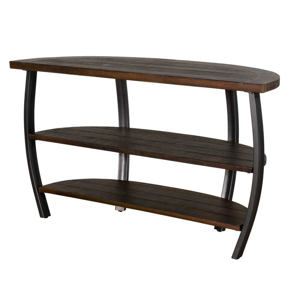 Flint Sofa Table w 2 Shelves, 52 Inch Semi Circle Top, Brown, Barrel