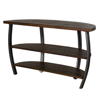 Flint Sofa Table w 2 Shelves, 52 Inch Semi Circle Top, Brown, Barrel
