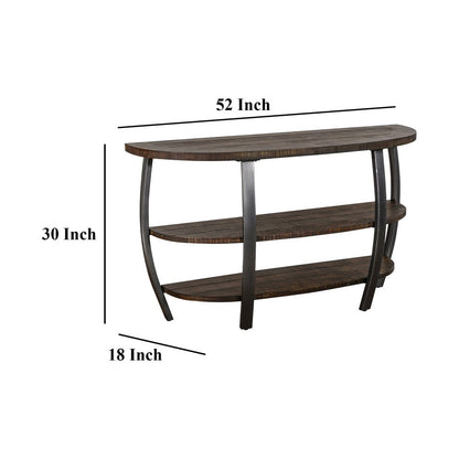 Flint Sofa Table w 2 Shelves, 52 Inch Semi Circle Top, Brown, Barrel