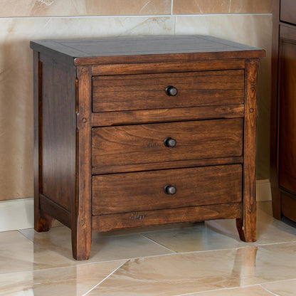 Odell Nightstand, 3 Drawers, Bronze, Rustic Dark Brown Solid Wood