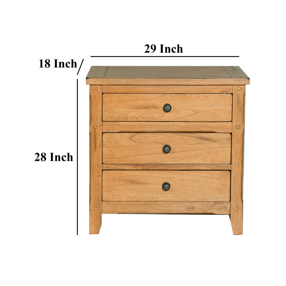 Marv Nightstand, 3 Drawers, Rustic Light Brown Solid Wood 29 Inch