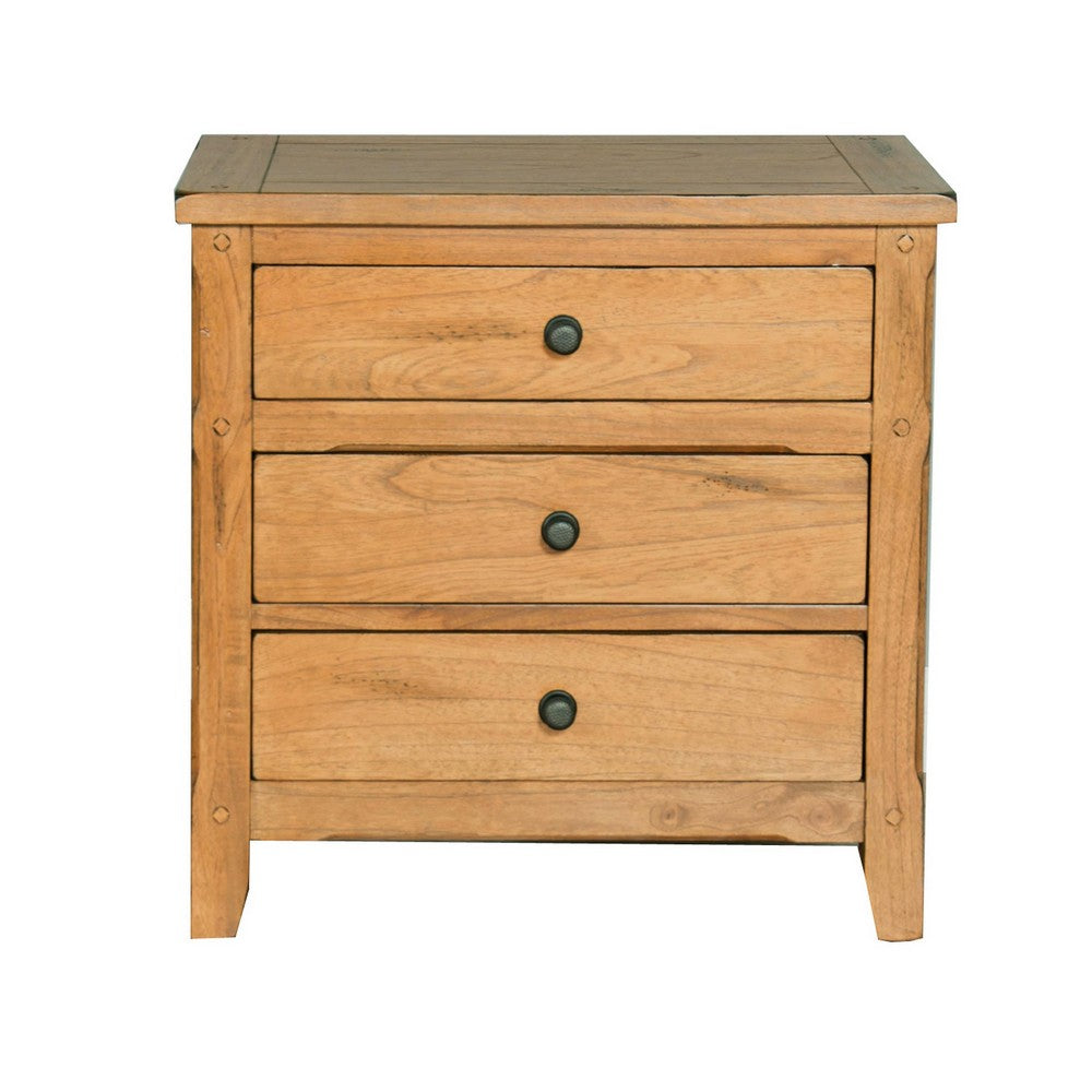 Marv Nightstand, 3 Drawers, Rustic Light Brown Solid Wood 29 Inch
