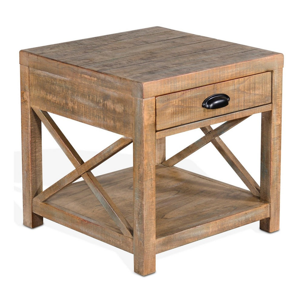 Rany Side End Table, Drawer, Shelf, 22 Inch Square Top, Light Brown