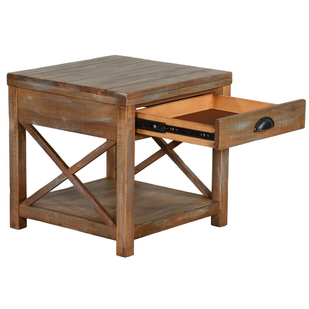 Rany Side End Table, Drawer, Shelf, 22 Inch Square Top, Light Brown