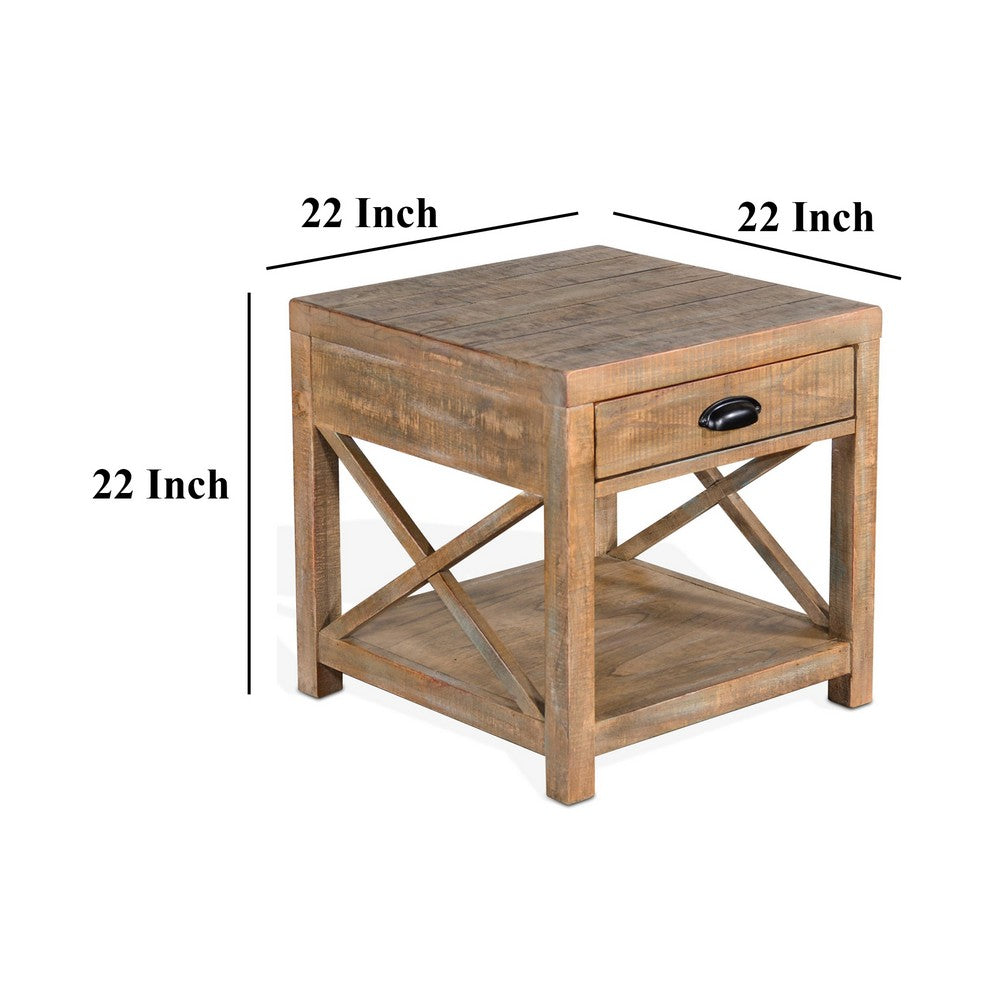 Rany Side End Table, Drawer, Shelf, 22 Inch Square Top, Light Brown