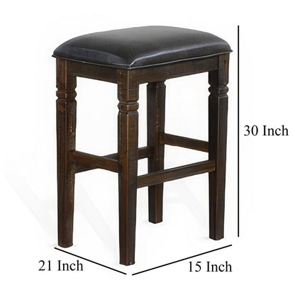 Flint Barstool, Set of 2, Backless, Plush Black Vinyl Seat, Dark Brown Mahogany
