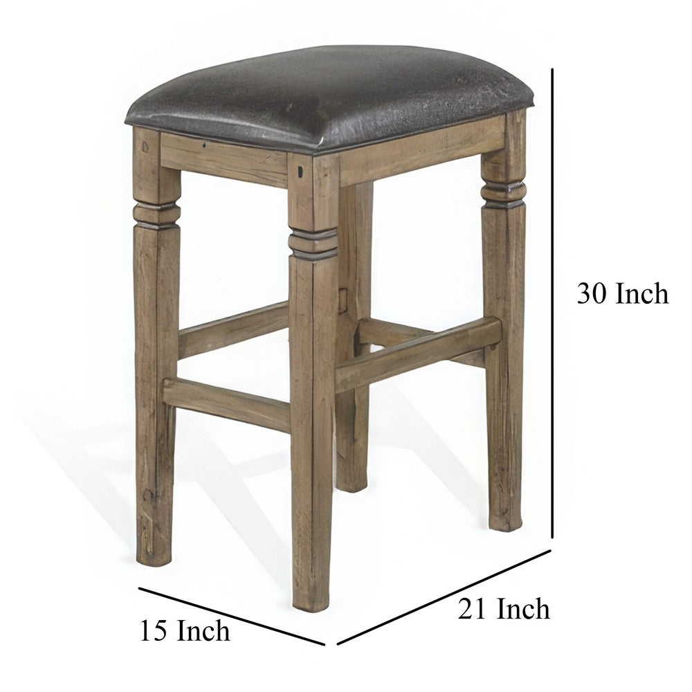 Yael Barstool, Set of 2, Black Faux Leather Cushioned, Taupe MahoganyWood
