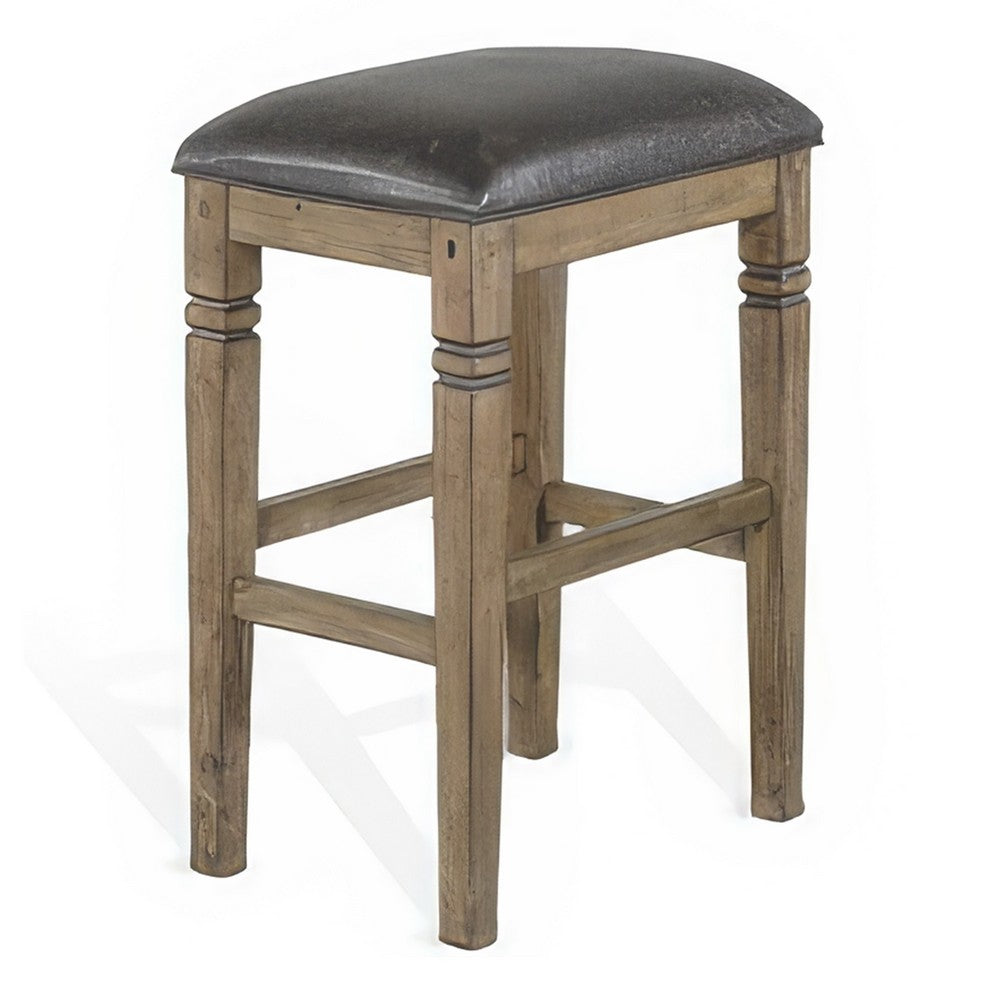 Yael Barstool, Set of 2, Black Faux Leather Cushioned, Taupe MahoganyWood