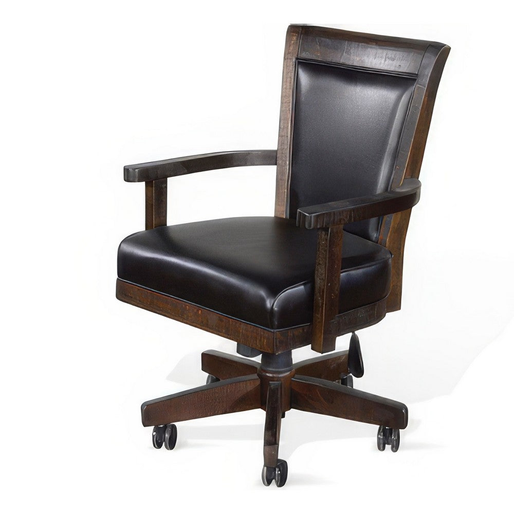 Flint Rolling Swivel Game Chair, Black Faux Leather, Dark Brown Wood