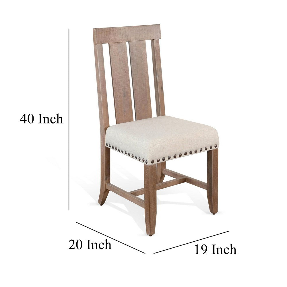 Anva Dining Chair Set of 2, Slat Back, White Fabric, Dark Brown Wood