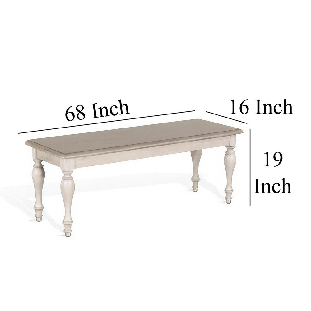 Sain Dining Bench, Taupe, White Mahogany Wood, Turned Legs, 68 Inch