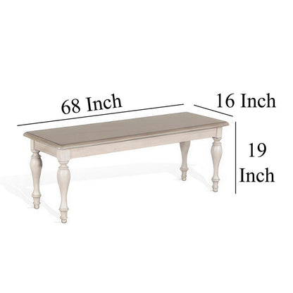 Sain Dining Bench, Taupe, White Mahogany Wood, Turned Legs, 68 Inch