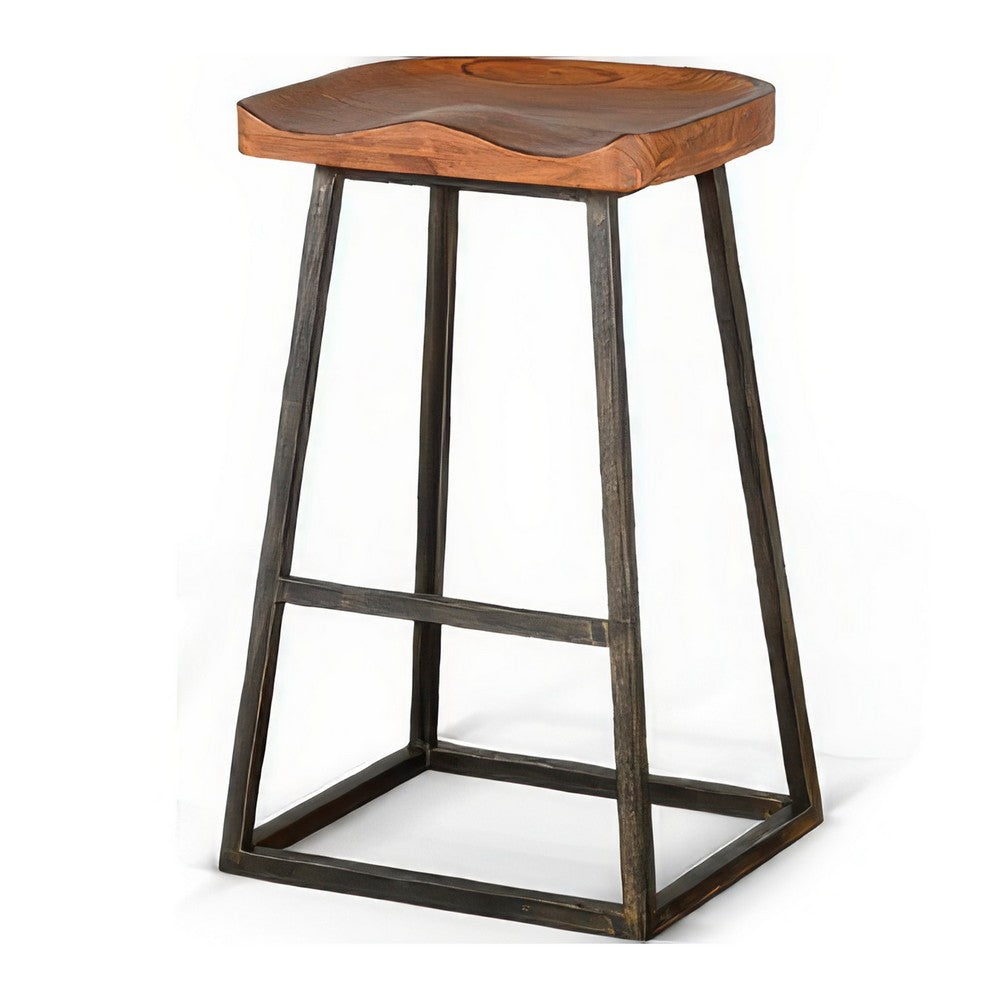 Marv Barstool Set of 2, Brown Contoured Mahogany Wood, Black Metal