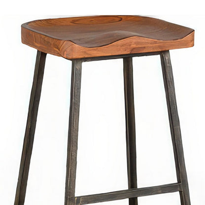 Marv Barstool Set of 2, Brown Contoured Mahogany Wood, Black Metal