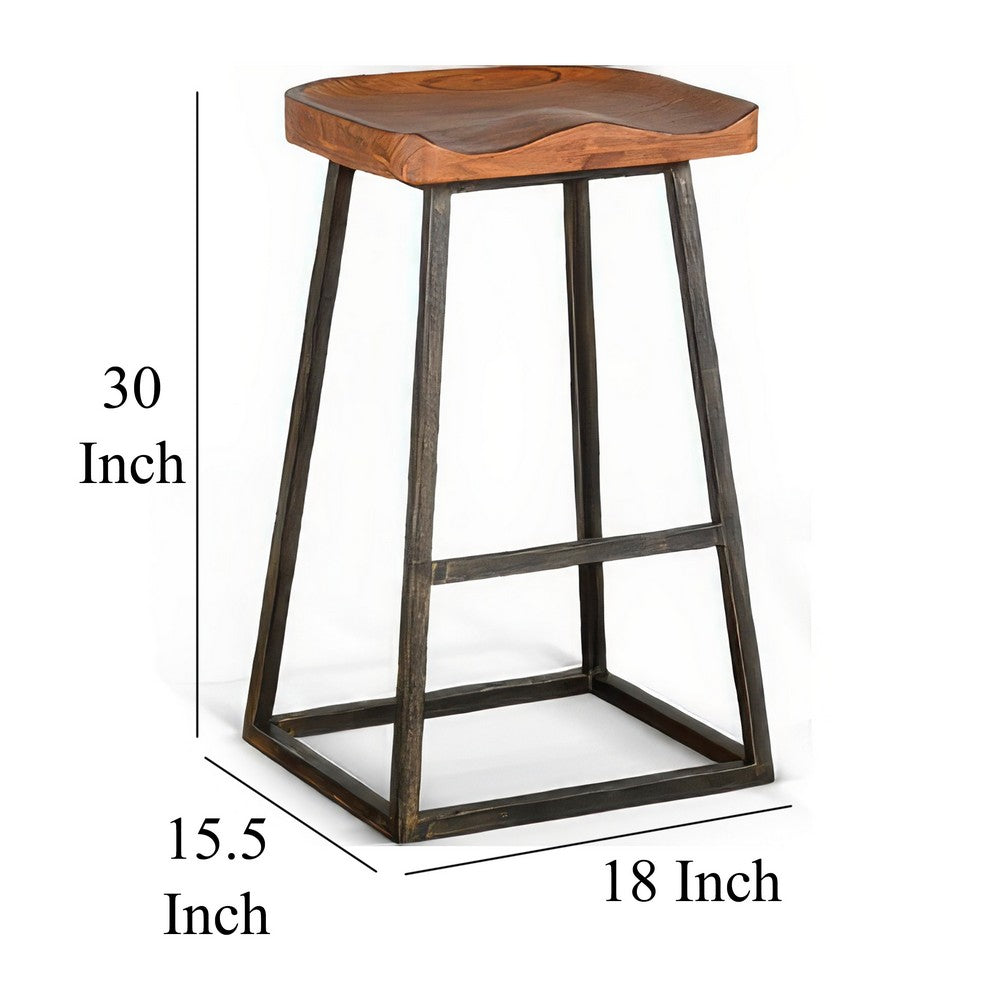 Marv Barstool Set of 2, Brown Contoured Mahogany Wood, Black Metal