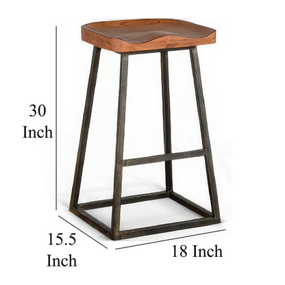 Marv Barstool Set of 2, Brown Contoured Mahogany Wood, Black Metal