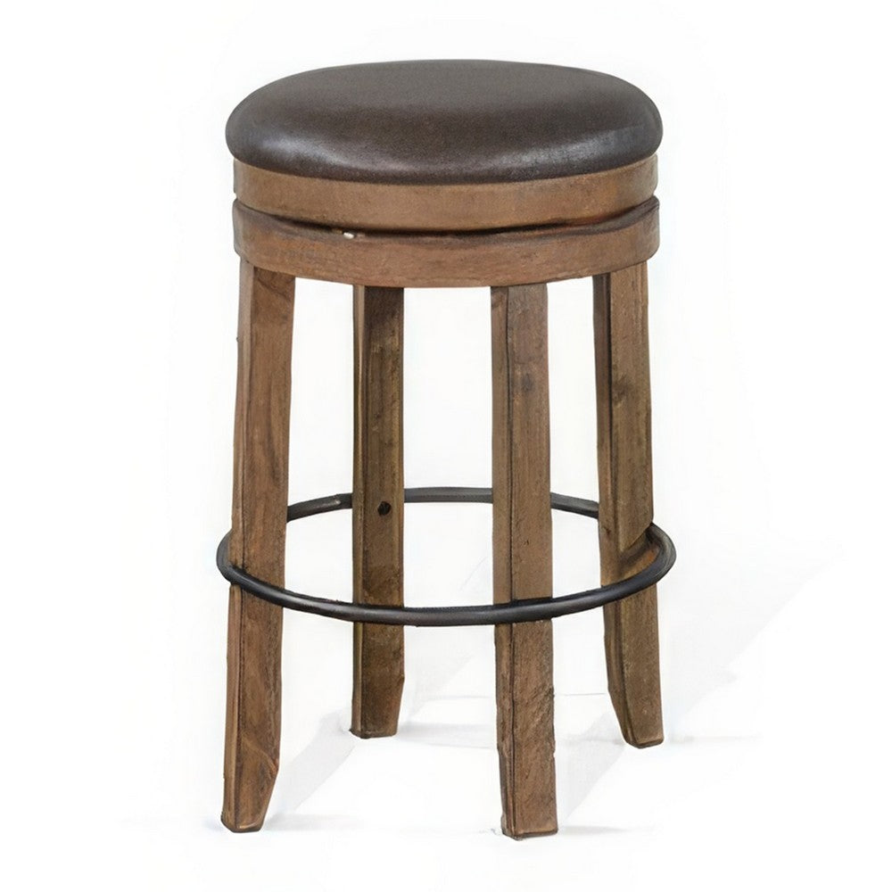 Yael Swivel Backless Barstool Set of 2, Gray Faux Leather, Brown Wood