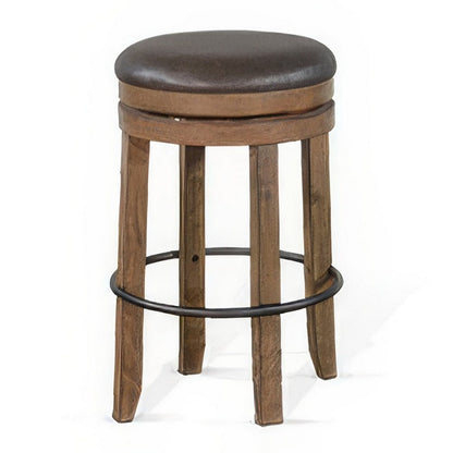 Yael Swivel Backless Barstool Set of 2, Gray Faux Leather, Brown Wood