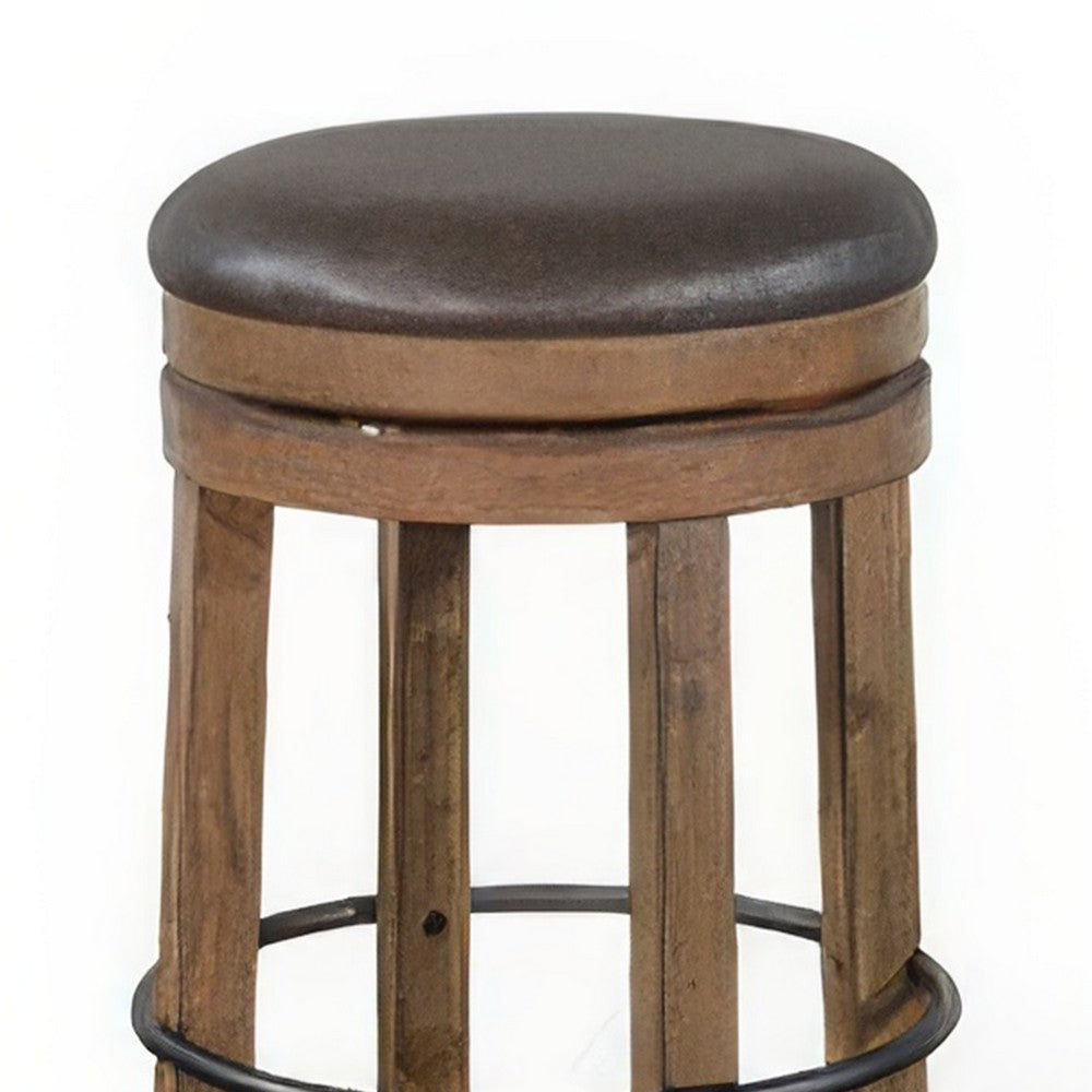 Yael Swivel Backless Barstool Set of 2, Gray Faux Leather, Brown Wood