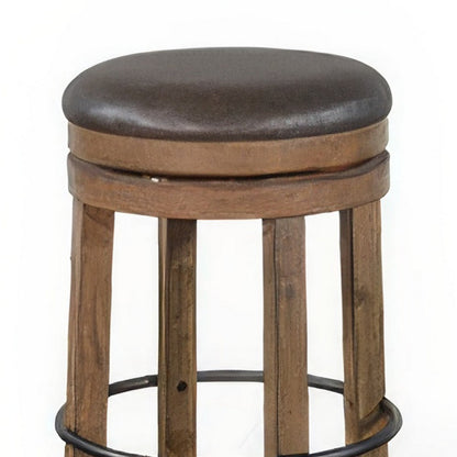 Yael Swivel Backless Barstool Set of 2, Gray Faux Leather, Brown Wood