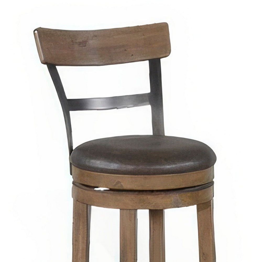 Yael Swivel Counter Stool Chair Set of 2, Gray Faux Leather Brown Wood