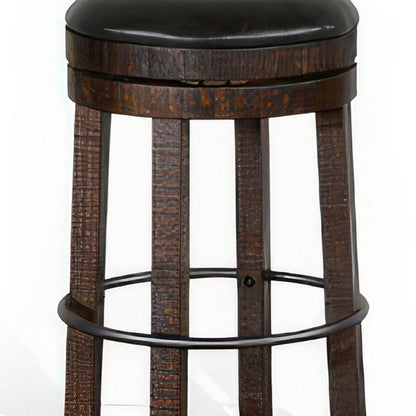 Flint Swivel Barstool Set of 2, Black Faux Leather, Dark Brown Wood