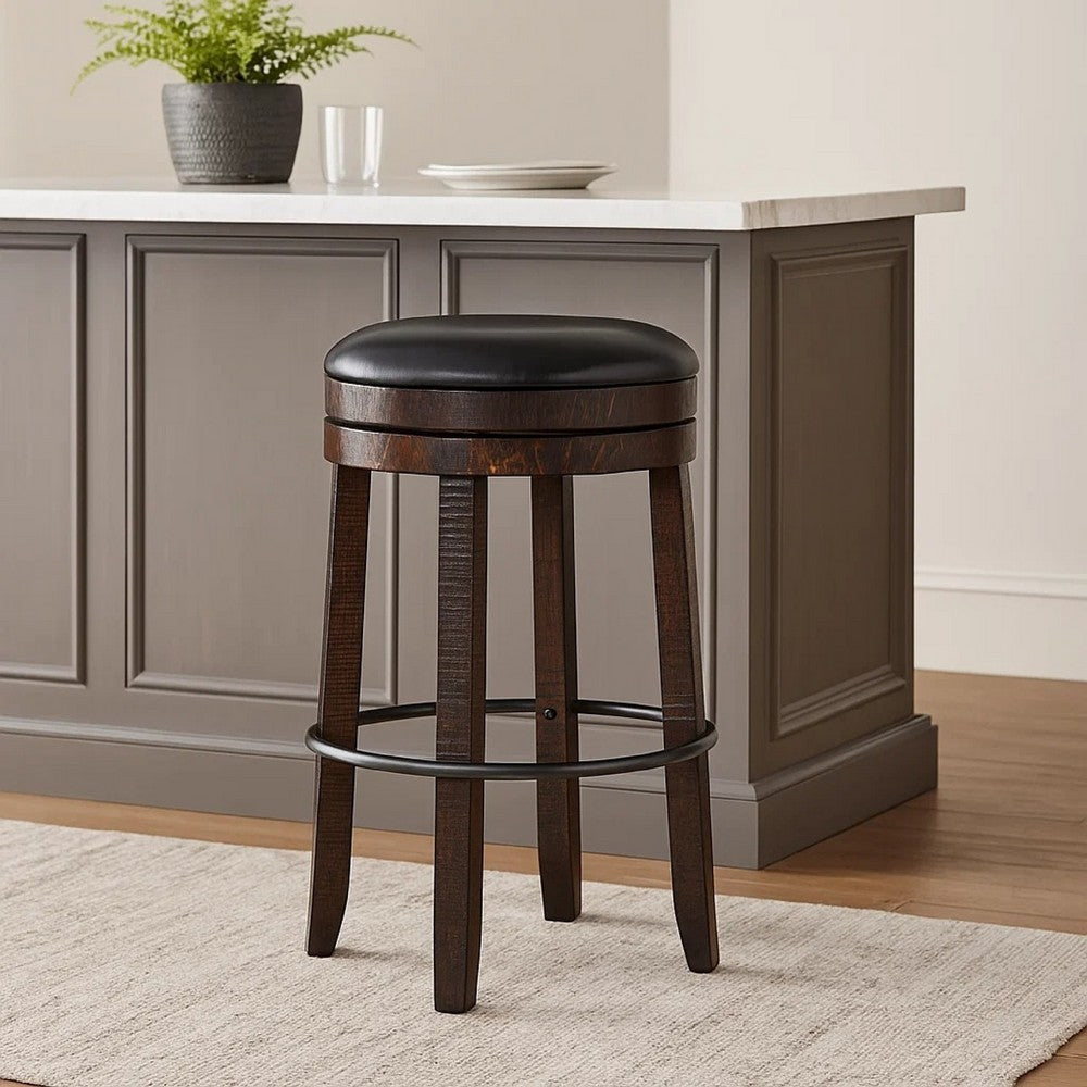 Flint Swivel Barstool Set of 2, Black Faux Leather, Dark Brown Wood