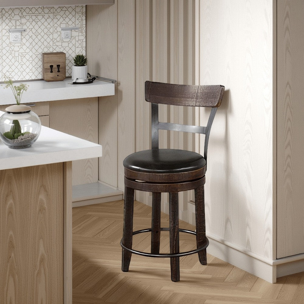 Flint Swivel Counter Stool Chair Set of 2, Black Faux Leather, Brown
