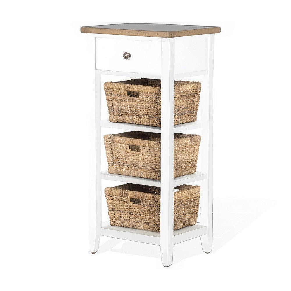 Livy Storage Rack End Table with 3 Natural Brown Rattan Baskets, White