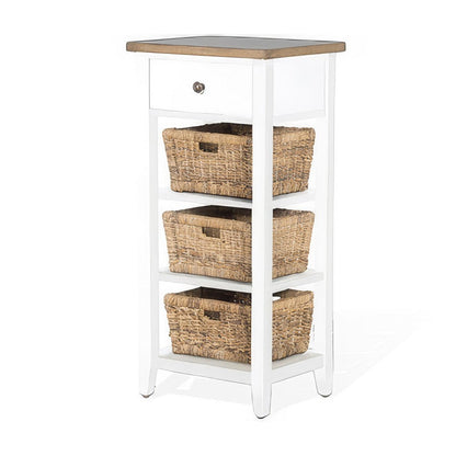 Livy Storage Rack End Table with 3 Natural Brown Rattan Baskets, White