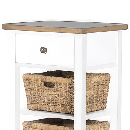 Livy Storage Rack End Table with 3 Natural Brown Rattan Baskets, White